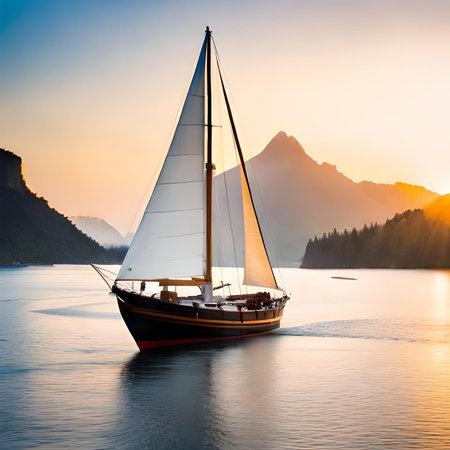 Sailing boat on lake at sunrise. Luxury yachting.の素材