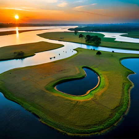 Aerial view of golf course and lake at sunset, Thailand.の素材