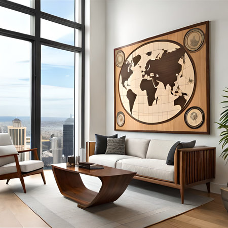 Interior of living room with wooden sofa, coffee table and world mapの素材