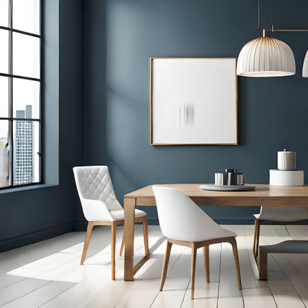 Interior of modern dining room with blue walls, white wooden floor, round wooden table with white chairs and vertical mock up poster frame. 3d renderingの素材