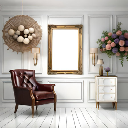 Classic interior with armchair and picture frame on wall. 3d renderの素材