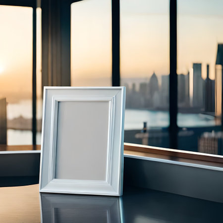 Blank picture frame on table with city view background. 3d renderingの素材