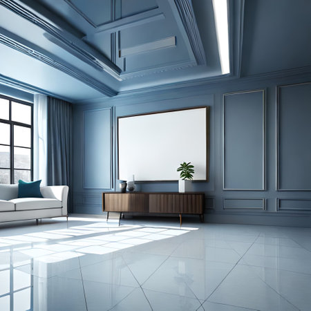 Blue living room with a white sofa, a coffee table and a framed poster. 3d rendering mock upの素材