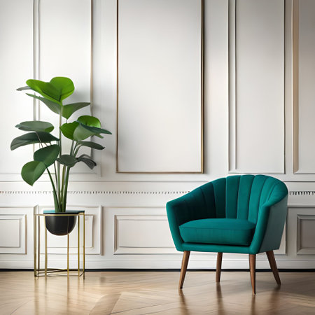 Classic interior with green armchair and plant. 3d render illustrationの素材