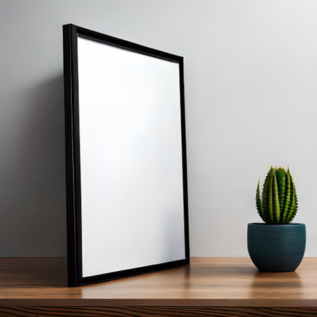 Blank picture frame on wooden table and gray wall. 3d renderの素材