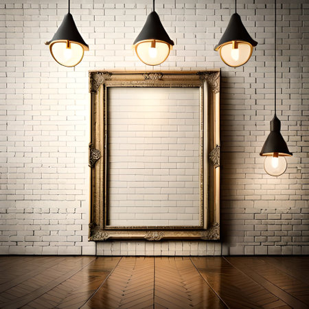 Blank picture frame on brick wall with lamps. 3d renderの素材