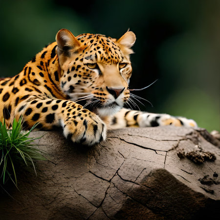 Leopard lying on a log and looking at the camera with copy spaceの素材