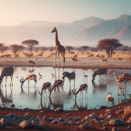 Herd of giraffes and zebras drinking at a waterholeの素材