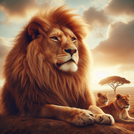 Lion with lion cubs on the background of the sunset.の素材