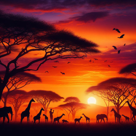 African savannah with giraffes and birds at sunset, 3d renderの素材
