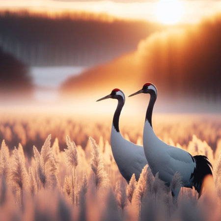Two Japanese Cranes (Grus japonensis) at sunsetの素材