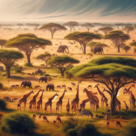 African savannah with giraffes, zebras and acacia treesの素材