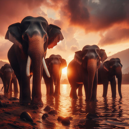 Elephants in the water at sunset, South of Thailand.の素材