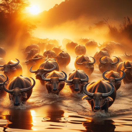 Buffalo herd in the river at sunset, South East Asia.の素材