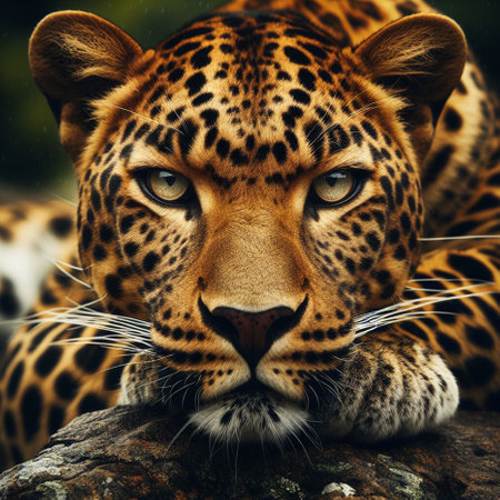 Leopard on a rock in rain. Close-up portrait.の素材