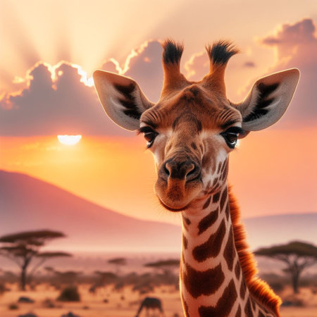 Giraffe in the savannah at sunset. Collage.の素材