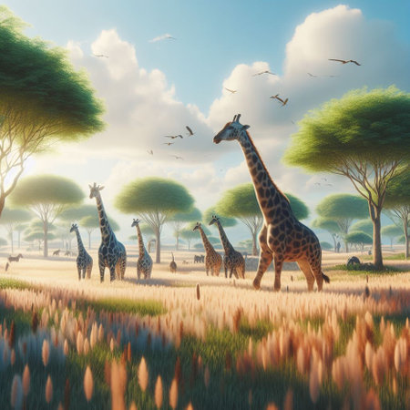 Giraffe in the savannah. 3d render illustration.の素材