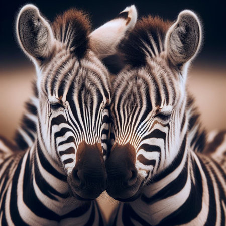 Zebra couple in love, close-up portrait of animal.の素材