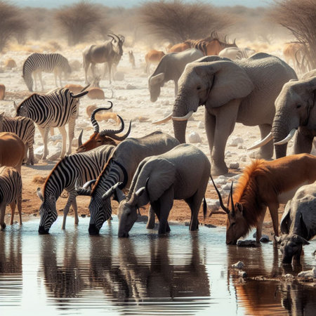 Herd of African Elephants drinking at a waterhole in Etosha National Park, Namibiaの素材