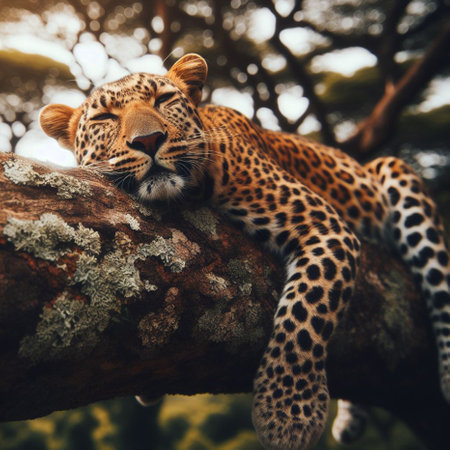 Leopard lying on a tree in the forest. Wild animal.の素材