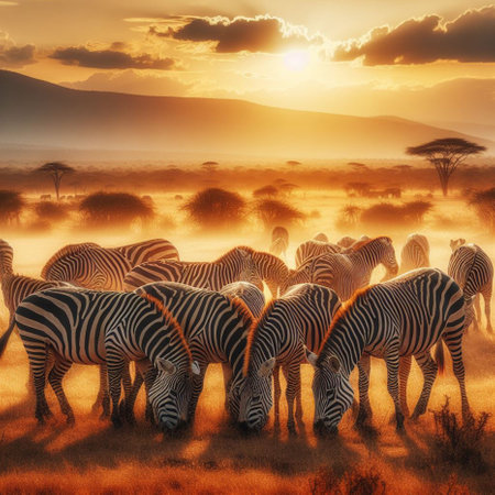 Zebra herd in the savanna of Africa at sunset - digital paintingの素材