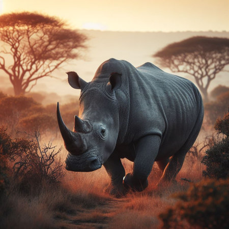 White rhinoceros walking in the savannah at sunset.の素材