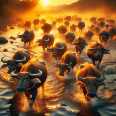 Buffalo herd in the river and sunset background,Thailand.の素材
