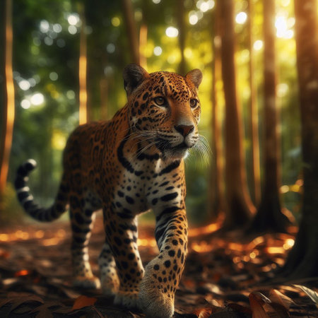 Jaguar walking in the forest at sunset. Side view.の素材