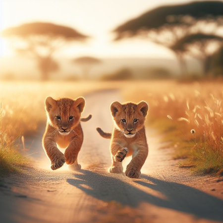 Lion cubs running on road at sunset in Serengeti National Park, Tanzaniaの素材