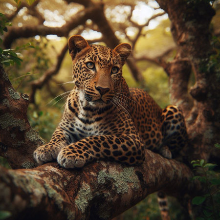 Leopard lying on a tree in the jungle. Wildlife scene from nature.の素材