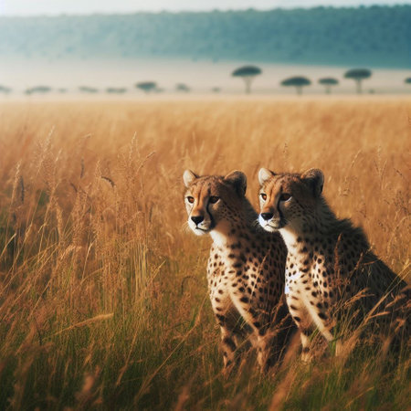 Two cheetahs in the savannah of Masai Mara, Kenyaの素材