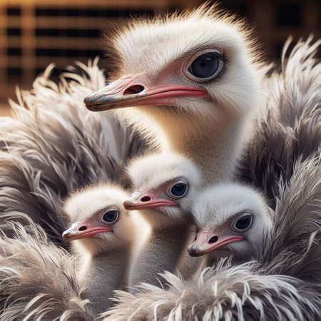 Ostrich chicks on ostrich farm. Close up. Selective focus.の素材