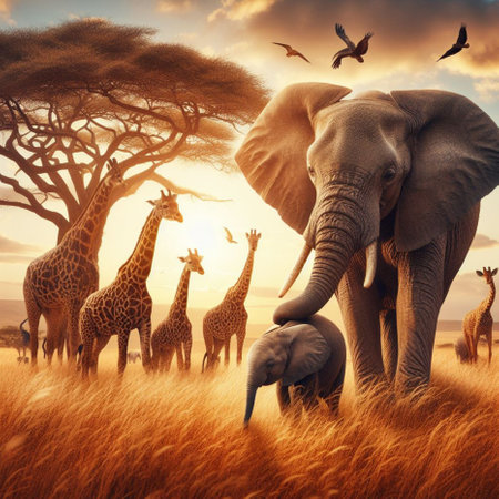 African savannah with giraffes and elephants at sunset. 3D Renderingの素材