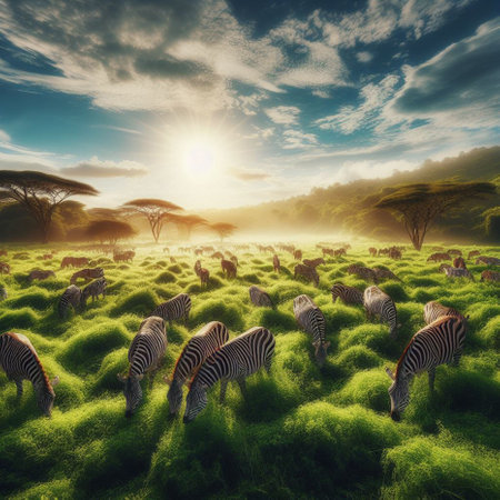Zebra herd on the savannah at sunset. 3d renderの素材