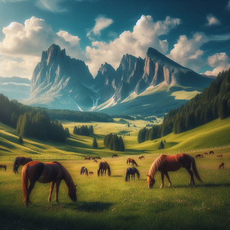 Beautiful summer landscape with horses grazing on green meadow in mountains.の素材
