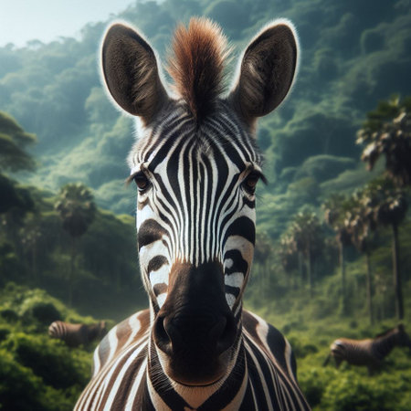 Portrait of zebra on the background of palm trees and jungleの素材