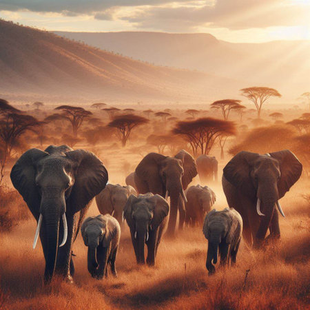 African savannah with elephants at sunset, Serengeti National Park, Tanzaniaの素材