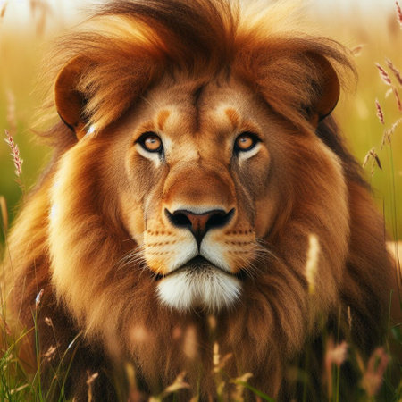 Portrait of a lion in a meadow. Close-up.の素材