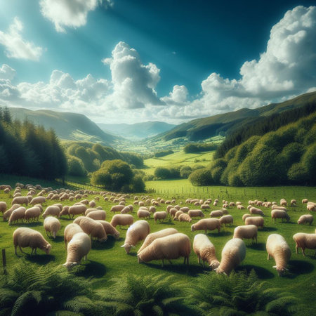 Flock of sheep grazing on a green meadow in the mountainsの素材
