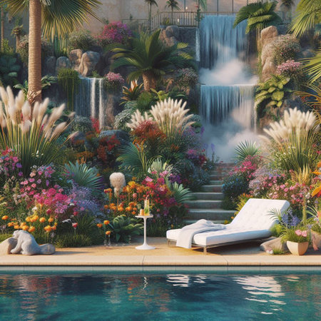Swimming pool in tropical garden with palm trees and flowers. 3d renderingの素材