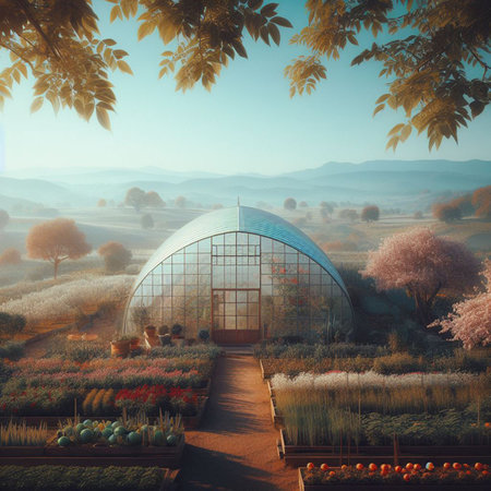 3d render of a greenhouse in the middle of the field.の素材