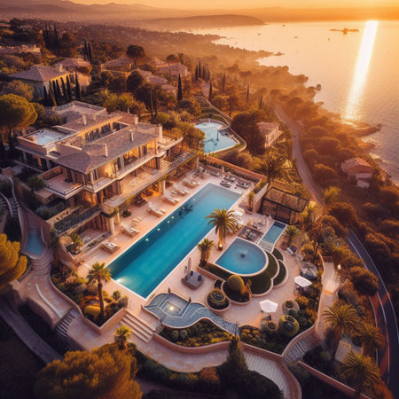 Aerial view of luxury villa with swimming pool at sunset, Greece.の素材
