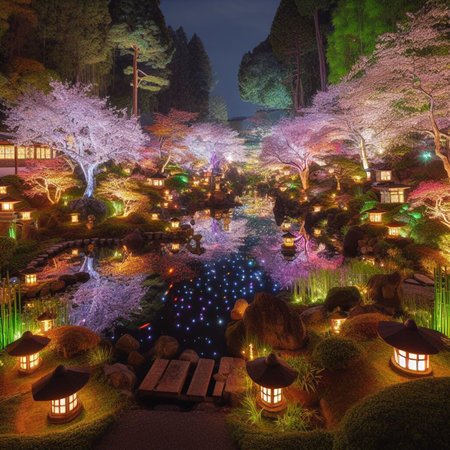 Japanese garden with cherry blossoms and lanterns at night in springの素材
