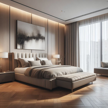 Luxury bedroom interior with beige walls, wooden floor and comfortable king size bed. 3d renderingの素材