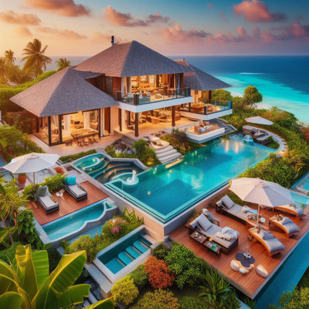 3d rendering of luxury villa on the beach at Maldivesの素材
