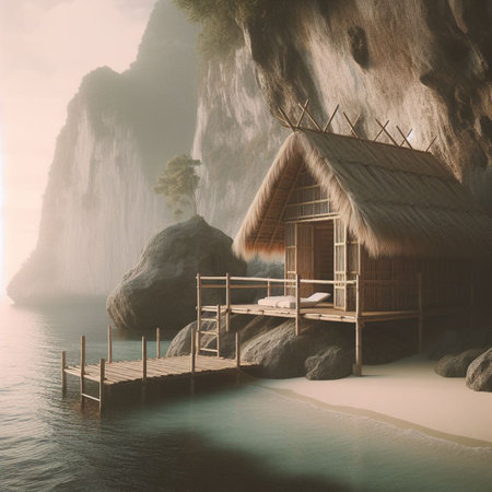 Hut on the rocks in the sea, Thailand. 3d renderingの素材