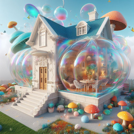 3d rendering of a fairy tale house in the garden with balloonsの素材