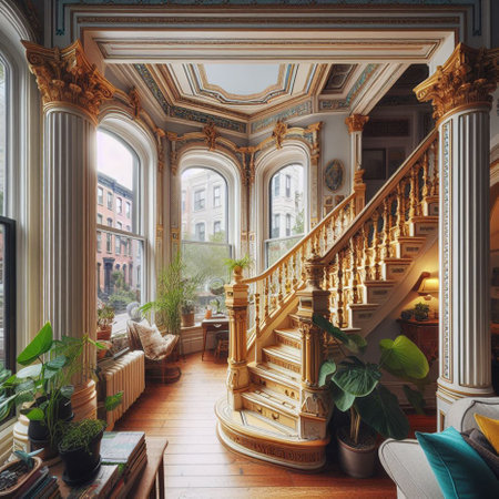 Luxury classic interior of the house. Staircase, stairs, green plants.の素材