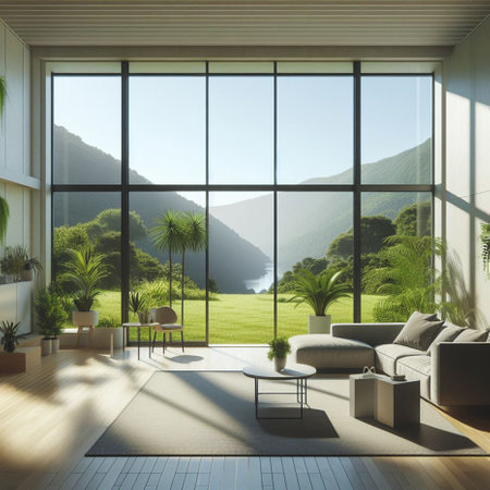 Interior of modern living room with panoramic view. 3D Renderingの素材