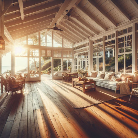 Luxury villa interior with wooden floor and terrace.の素材